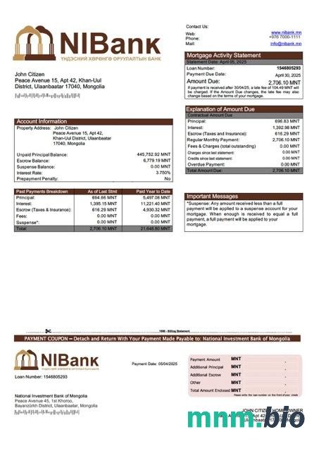 Mongolia National Investment Bank of Mongolia wyciąg z kredytu hipotecznego szablon Word i PDF